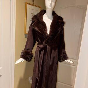 Anne Klein Chocolate Brown Coat with Fur Trim